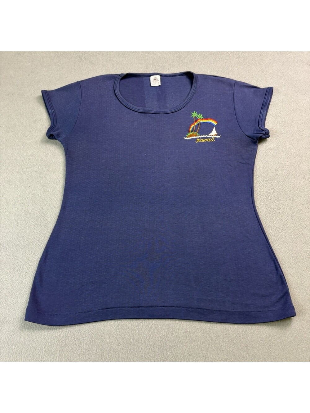 Vintage 70s Hawaii T Shirt Women’s XL Navy Blue Embroidered Palm Tree Rainbow